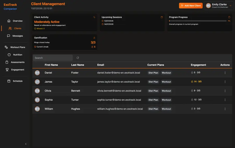 Client list showing each client's current plans, streak and rings closed today